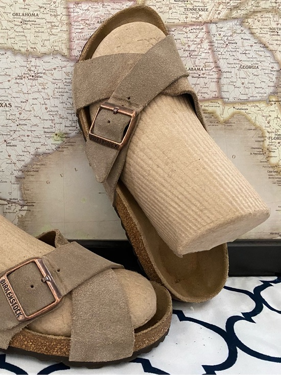 Birkenstock Shoes - Pre-owned Birkenstock Sienna 40/9 Women’Taupe Suede Sandals with Copper Buckles
